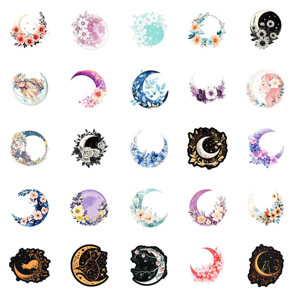 50 Non-repeat Dreamy Moon Theme Waterproof Decorative Stickers Various Creative Illustrations of Moon
