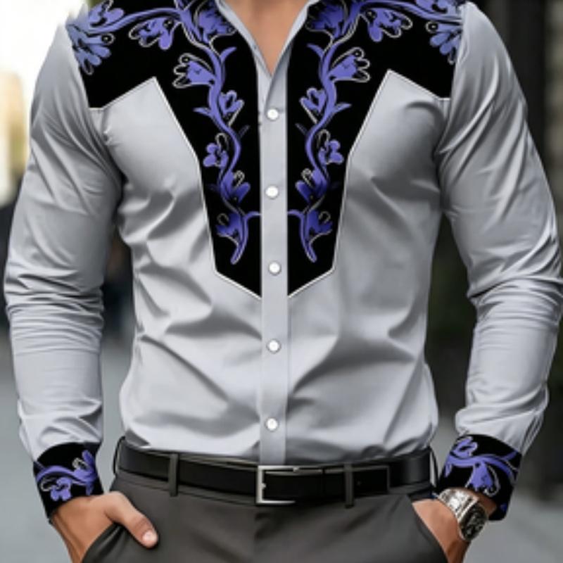 Men's shirt long sleeved printed shirt European and American business lapel