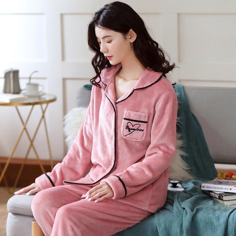 Women's Long Sleeve Coral Fleece Pajamas - Thick, Warm Flannel for Autumn and Winter