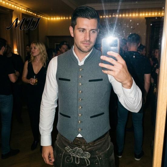 Men Oktoberfest Waistcoat Vest, Traditional Costume Waistcoat, Stand-Up Collar Button-up Vintage European Style Formal Vest Gilet, Retro