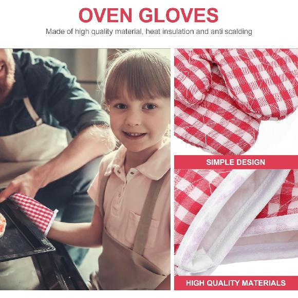 Oven Mitts for Kids, Red Grid Kitchen Gloves Heat Resistant for Cooking Baking Microwave