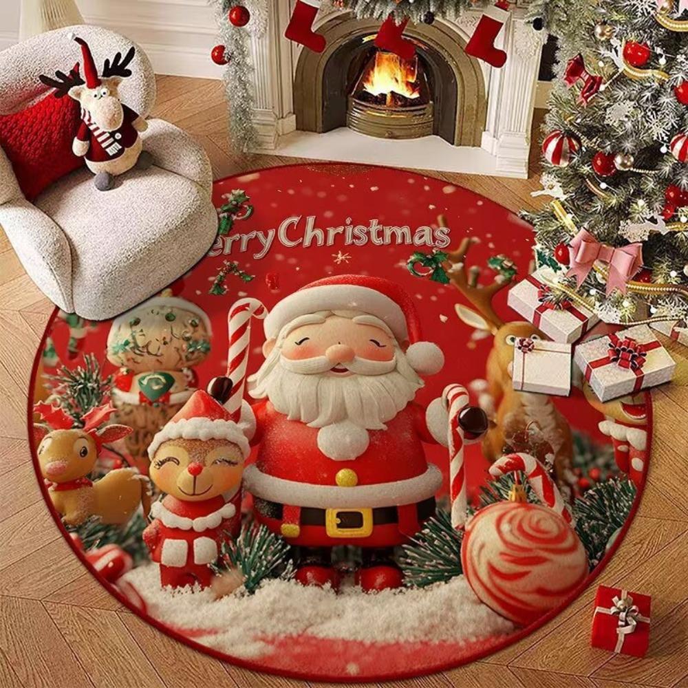 Santa Claus Polyester Christmas Round Mat Snowflake Print Snowman Cartoon Round Rug Anti-Slip Round Carpet Home Decor