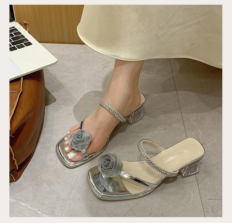 

Летние новые туфли-лодочки с камелией, с открытым носком, на высоком каблуке, со стразами, модные, прозрачные, из хрусталя, и темпераментные крутые шлепанцы для женщин 40 серебряный