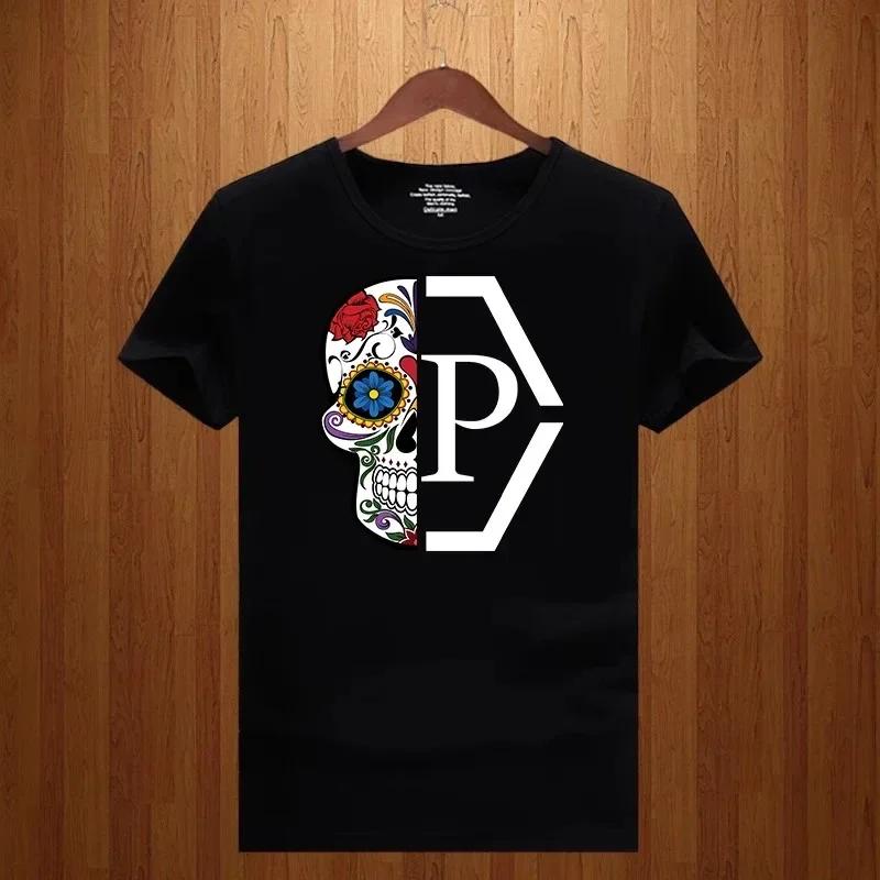 

Футболка с принтом получерепного цветка и буквами для мужчин 2024 года, новая футболка большого размера с коротким рукавом для женщин с круглым вырезом и принтом S