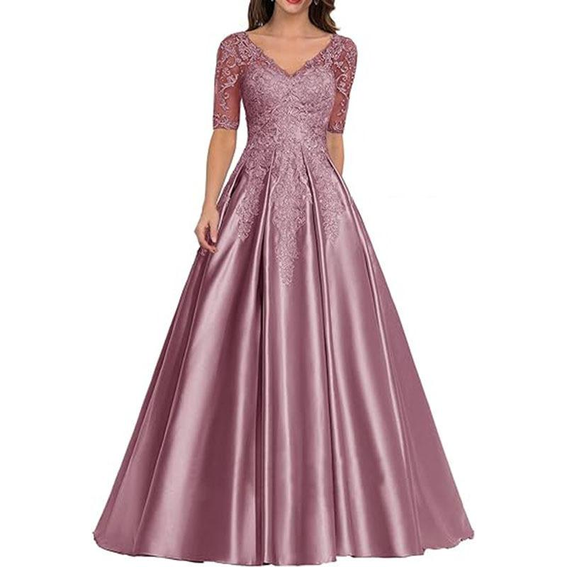 New evening dress lace V-neck short-sleeved long dress temperament party host new dress