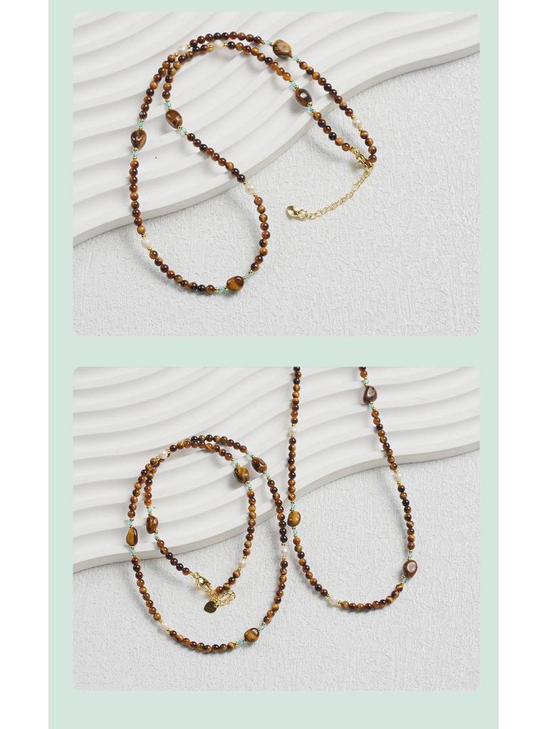 Elegant Natural Tiger Eye Stone Pearl Choker Necklace - High-End Fashion Statement for Women