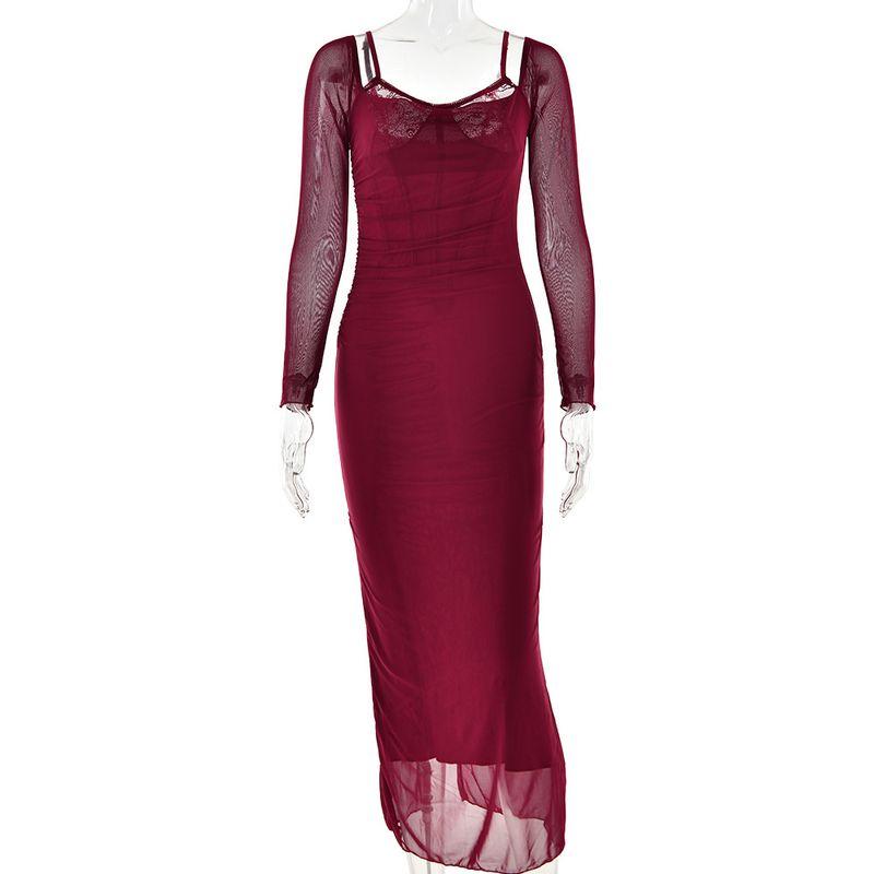 

Fashion Style Ins New Arrival Fashion Braces Long Sleeve Mesh Long Dress Sexy Open Back Tight Split Dress Female Burgundy L
