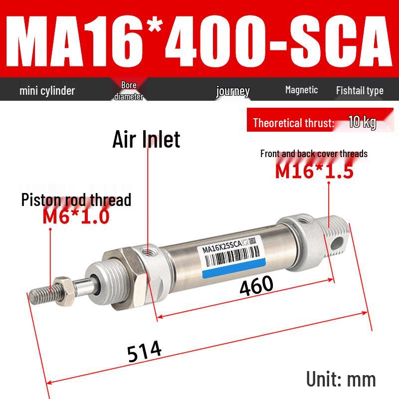 Mini Stainless Steel Pneumatic Cylinder MA Series (16-40mm Bore, 50-200mm Stroke)