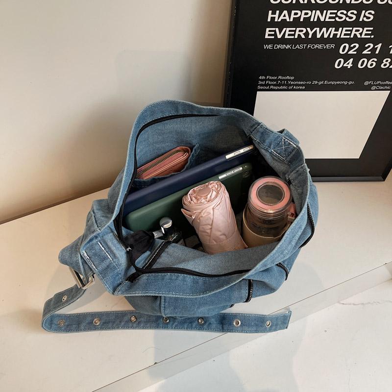 Denim Messenger Bag med Stor Kapacitet Dam Vintage Axelväska Crossbody-väska