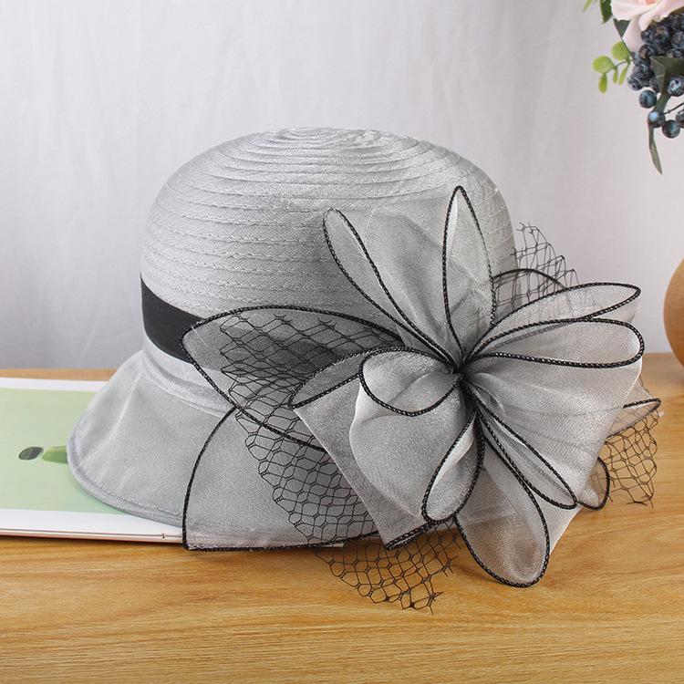 Elegant Temperament Mesh Yarn Flower Top Hat Women'S Fashion Versatile Organza Small Pot Hat Summer Sun Protection Sun Hat