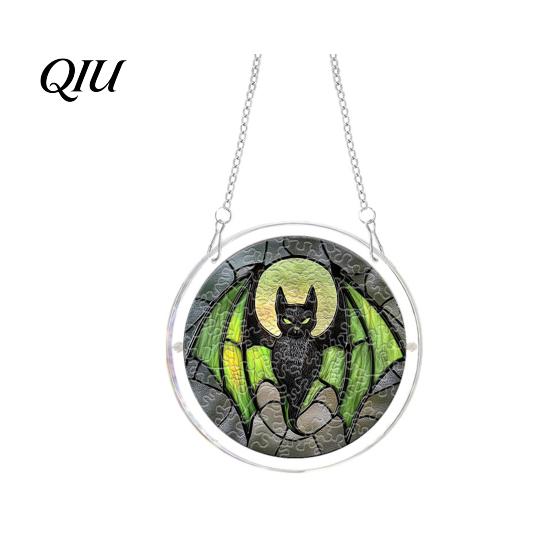 Unique Sun Catcher Gift Halloween Scary Bat Pumpkin Acrylic Jigsaw Puzzle Suncatcher, Stained Glass Style Rainbow Shadow Decor Window