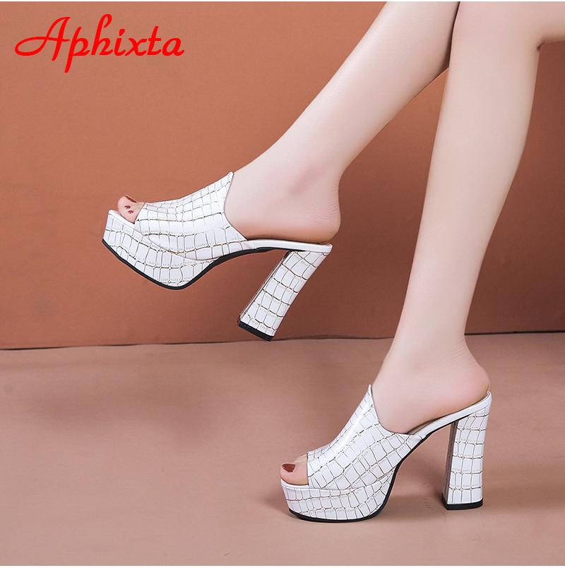 Aphixta 10.5cm Square Heels Platform Slides Women Mules Design Peep Toe Slippers Sandals Summer Cool Shoes Female Big Size 41