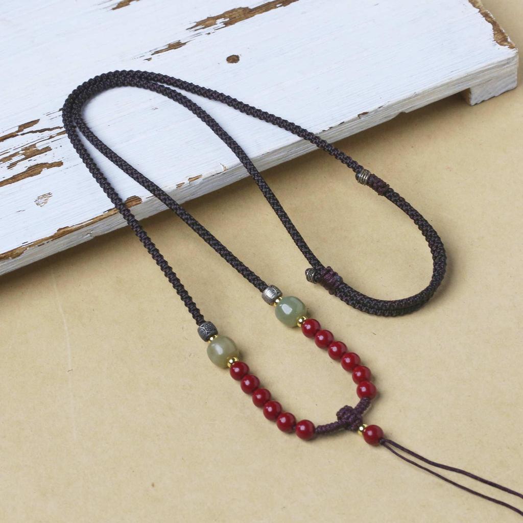 925 Sterling Silver Cinnabar Agate & Hetian Jade Handmade Pendant Necklace