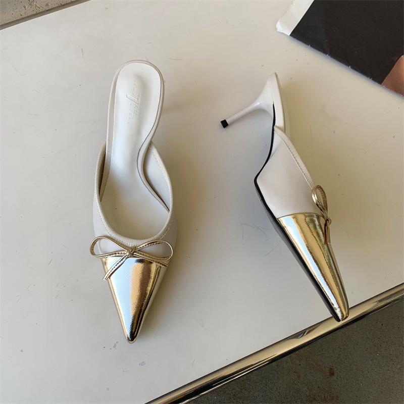 

Temperament high heels bow color matching stiletto sandals women s bag head slippers pointed small single shoes 39 белый