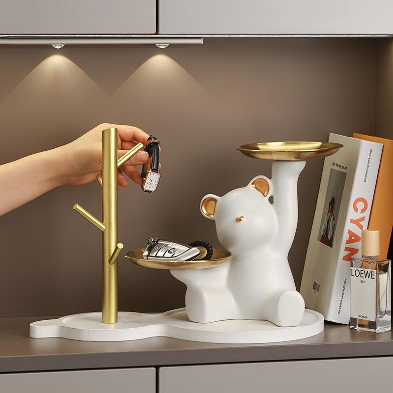 Adorable Bear Double Tray Statue Cute Holder for Jewelry Keys Desk Organizer with Dual Trays Charming Home & Office Decor Gift