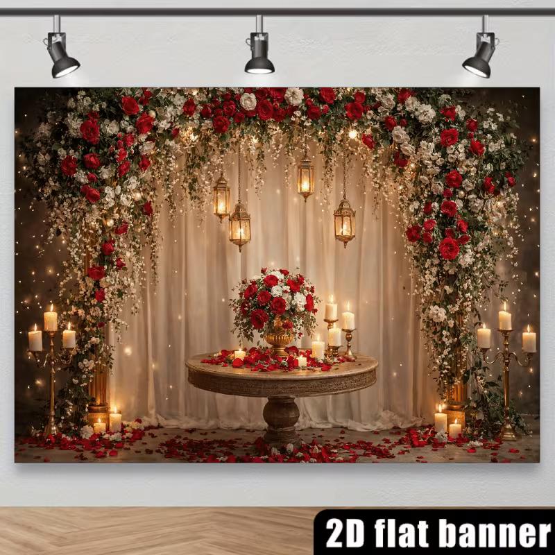 2D Romantic Red Rose and Candle Photo Booth Background