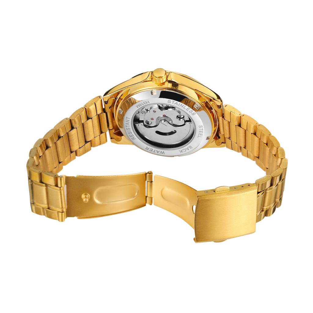 WINNER Sports Gold Automatic Watch for Men Date Display Luminous Hands Stainless Steel Strap Top Brand Luxury Mechanical Watches