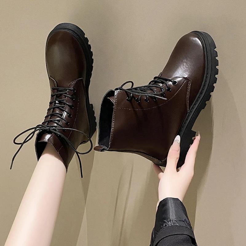 2024 Hot Sale Women's Shoes Ankle Women's Boots Classics Modern Boots Women Sewing Round Toe Front Lace-up Low Heel Ladies Shoes