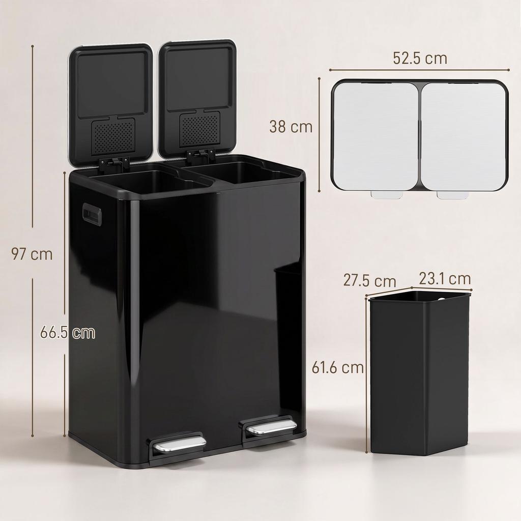 2 X 30L Double Kitchen Bin, Stainless Steel Pedal Rubbish Bin with Dual Compartments, Soft Close Lids, High Gloss Black