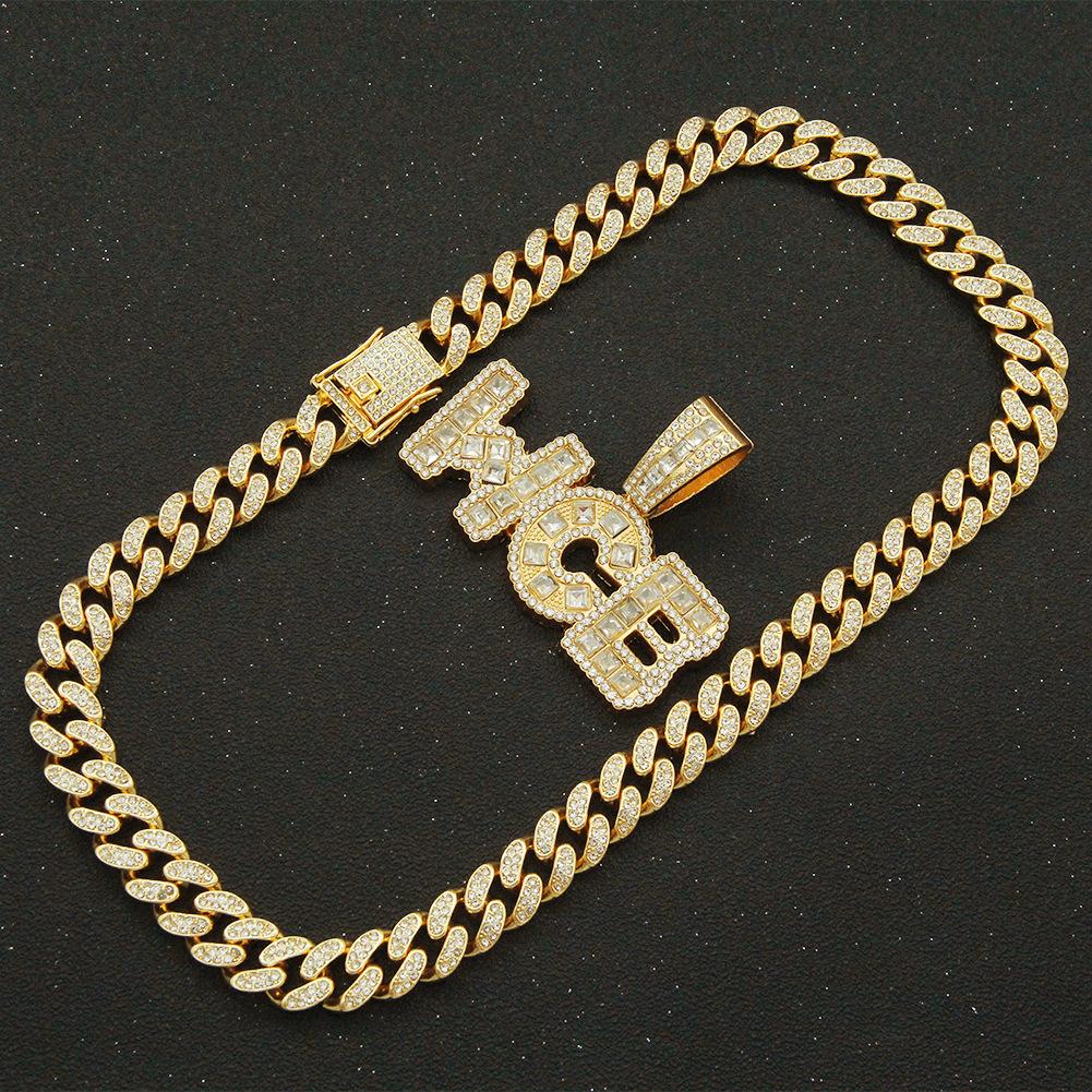 Letter Pendant Cuban Chain Full of Diamond Necklace Pendant, Cool Nightclub Dancing European and American Hip Hop Creative Splicing Accessories