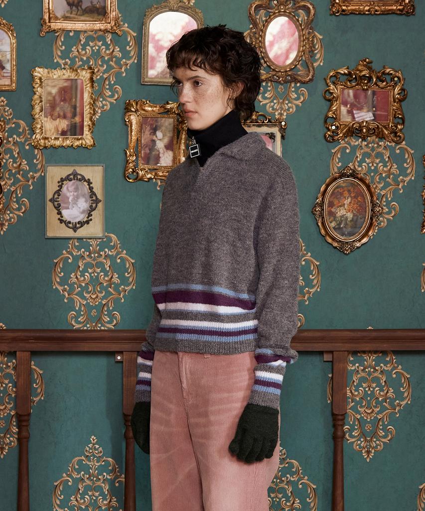 UNALLOYED Alpaca Striped Knit Polo Shirt / Charcoal