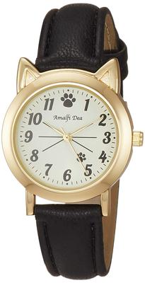 Analog Amalfidia Waterproof Leather Strap Cat White Dial Black [Arias] WW20026A-159 Women's