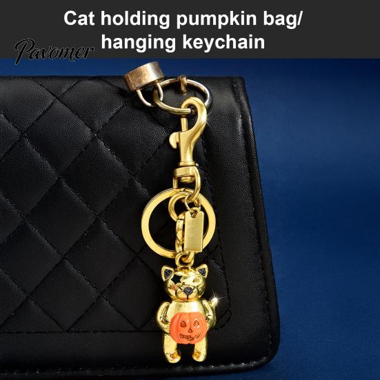 Halloween Keychain Cat Holding Pumpkin Keychain, Metal Car Key Backpack Ring Holder, Handbag Hanging Decorative Accessory Alloy