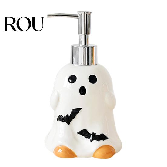 Empty Lotion Container Halloween Ceramic Ghost Soap Dispenser, with Stainless Steel Pump, Pumpkin Refillable Hand Bottle Liquid Container, Shower Gel