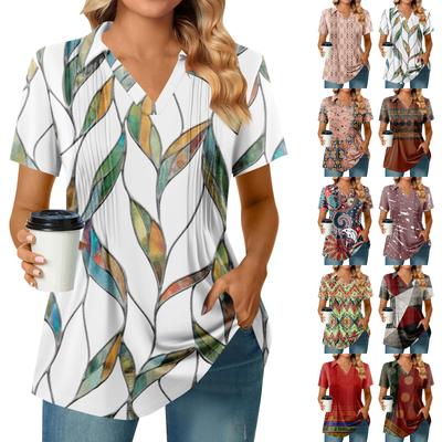Camisetas femininas de manga curta, plissadas, decote em V, estampa, gola alta, verão, moda, negócios, casual, trabalho