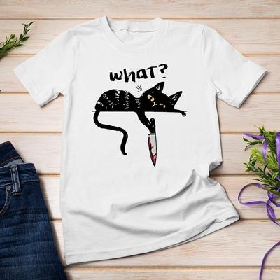 Black Cat with Knife Killer Funny Unisex T-shirt Creative Pattern Print Design T Shirt Men Women Casual Summer Short Sleeve