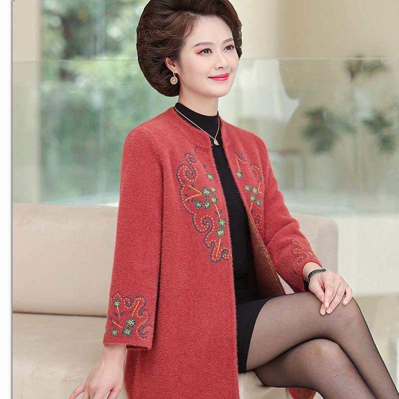 Mid Length Coat Foreign Style Middle-aged and Elderly Coat Middle-aged Mother's Autumn Outfit Imitation Mink Velvet Knitted Cardigan Top