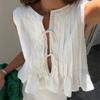 White Bandage Ribbed Sexy Tank Top Shirts Women Hollow Out Lace Up Sleeveless Slim Tops Hottie Summer Deep V Neck Street Sexy Beach Bandage Y2k Vest
