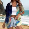 Women Casual Summer Beach Shirt Textured Print Short Sleeve Button Down Jacket Top Lightweight Loose Fit