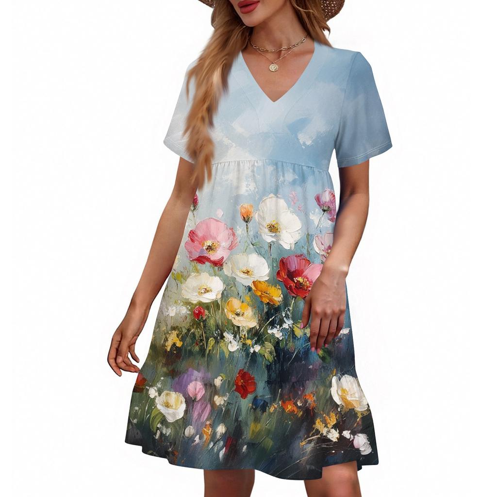 Women's Casual Fashion V-Neck Short Sleeve Floral Print Dress