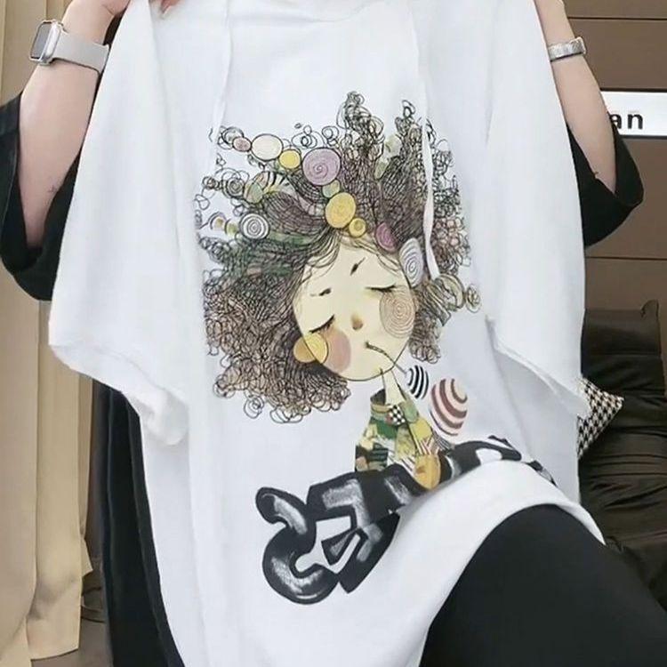 Large size cartoon printed hooded short-sleeved t-shirt women's summer new fat mm loose belly cover medium and long versatile top