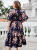 Plus-Size Navy Blue V-Neck Print Summer Dress