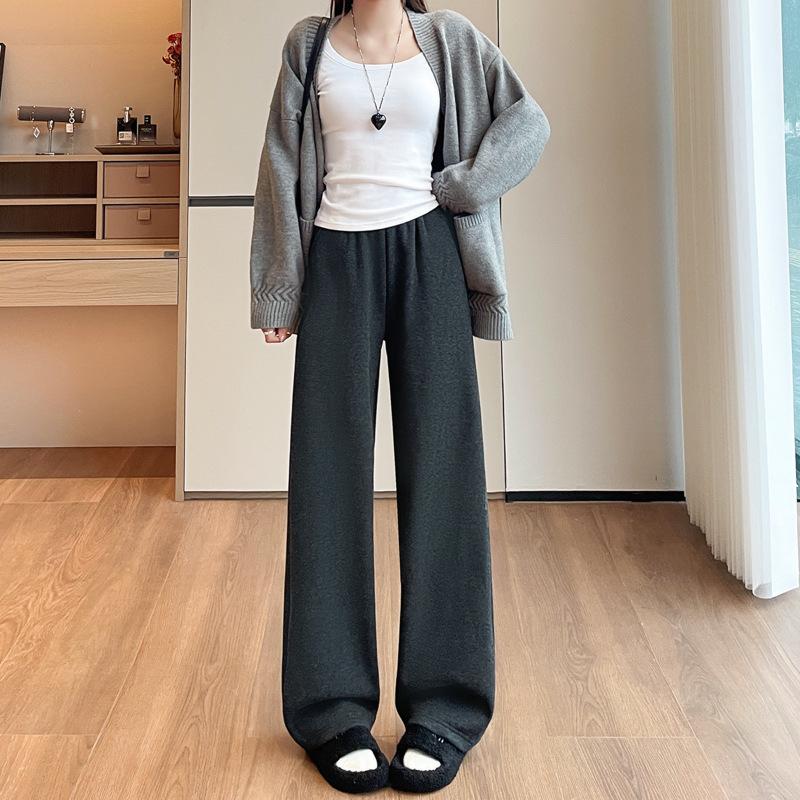 Women's Mid Rise Wide Leg Pants Straight Leg Trousers Winter Regular Weight Wool Blend Fleece Lined Commuter Loose Casual Pants With Irregular Detail