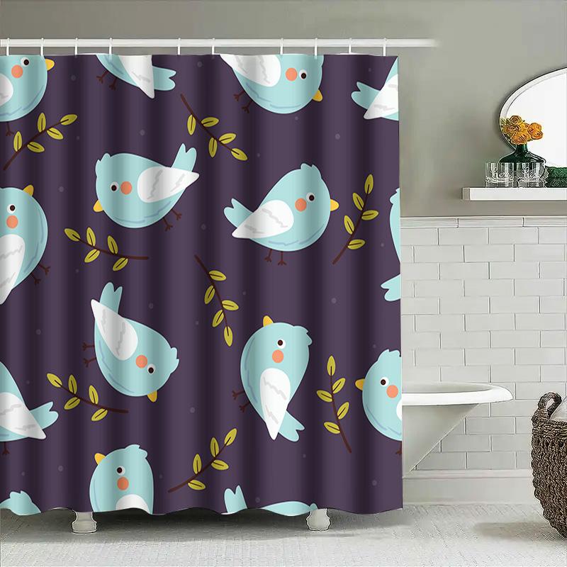 Blue Bird Print Shower Curtain Bathroom Decor Waterproof Fabric Home Decoration