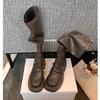 Cowhide Xu Jiaqi thick-soled thick-heeled pleated thin boots high elastic stacking boots women's long boots