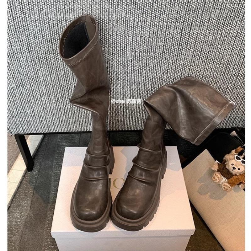 Cowhide Xu Jiaqi thick-soled thick-heeled pleated thin boots high elastic stacking boots women's long boots