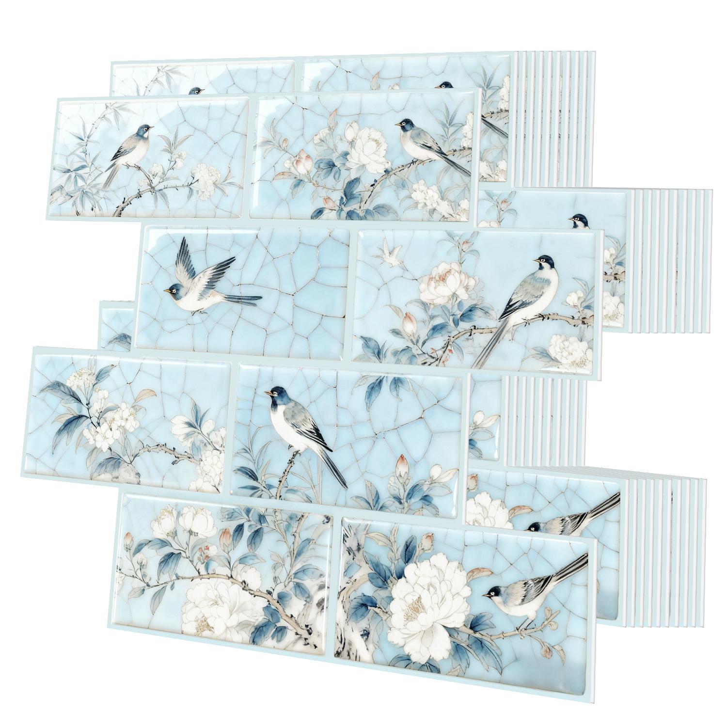 

10Pcs Vintage Floral & Bird Tile Stickers - 3D Stereo Thick Foam Wall Decals - Crystal Glossy Waterproof Self-Adhesive Decor for Home Renovation 26cm*28.5cm*10pcs