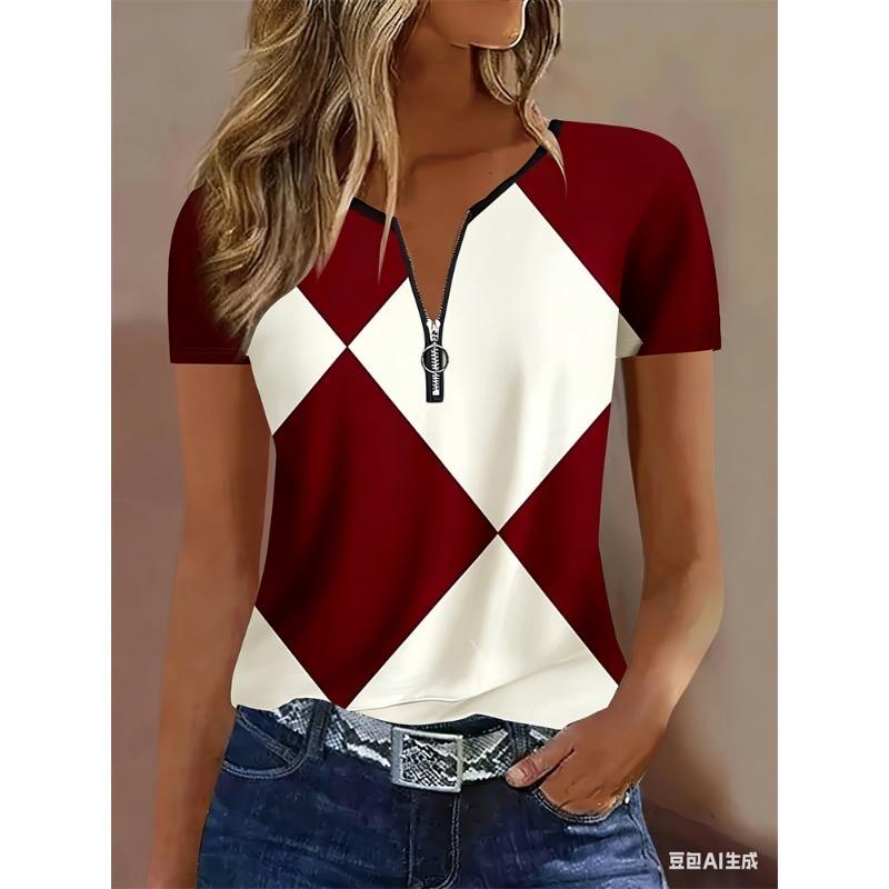 Color-block Quarter-zip T-shirt, Summer Casual Short-sleeve T-shirt, Women's Clothing