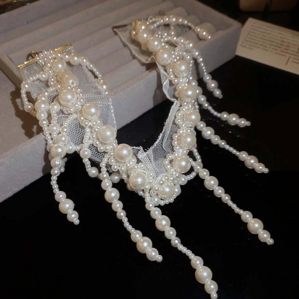 Creative Tassel Beads Necklace Zinc Zinc Alloy Mesh Neck Jewelry Personalized Pearl Lace Choker  Women