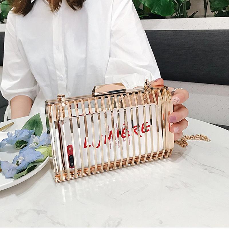 Gold Women Chain Crossbody Bags Iron Cage Metal Hollow Out Evening Clutch Purse Women Party Wedding Handbags Prom Luxury Bolso