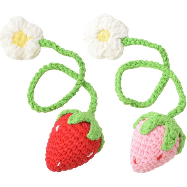 2pcs Strawberry Crochet Car Hanging Ornament, Handmade Knitted Car Mirror Hanging Charm