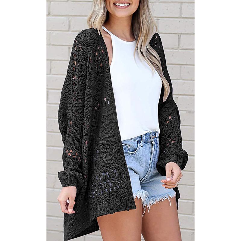 Women Knit Sweater Cardigan Beach Full Sleeve Hollow Out Jumper Straight Solid Casual Elegant Coat Knitted Outwear