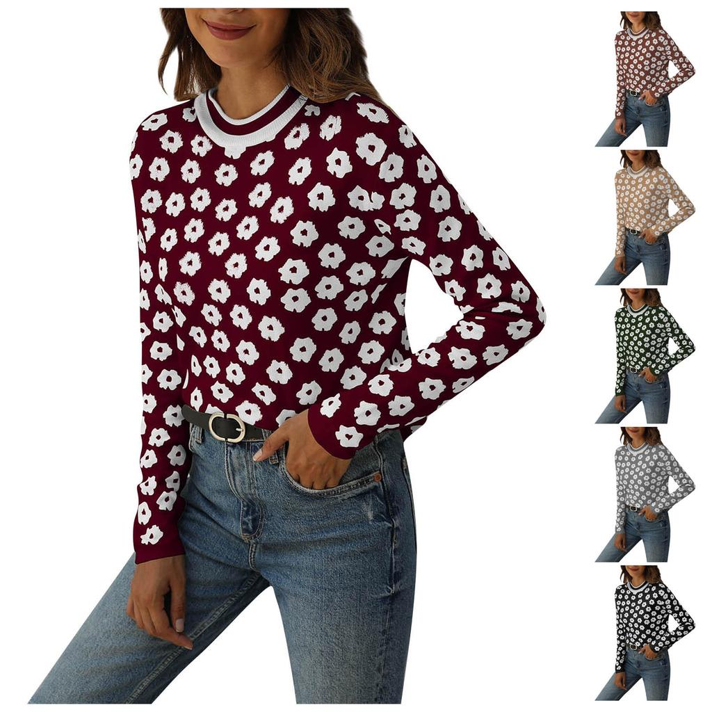 Women's Fashion Temperament Long Sleeve Round Neck Flower Knit Sweater