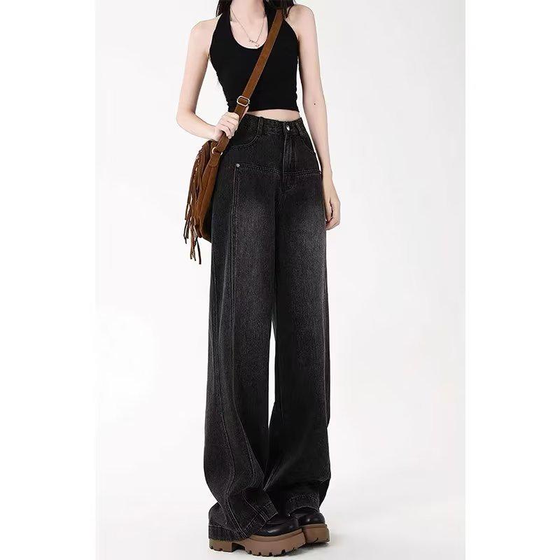 

2024 Black-Grey High-Waisted Slimming Wide-Leg Floor-Length Women s Jeans - Straight Cut, Loose, Niche Design L