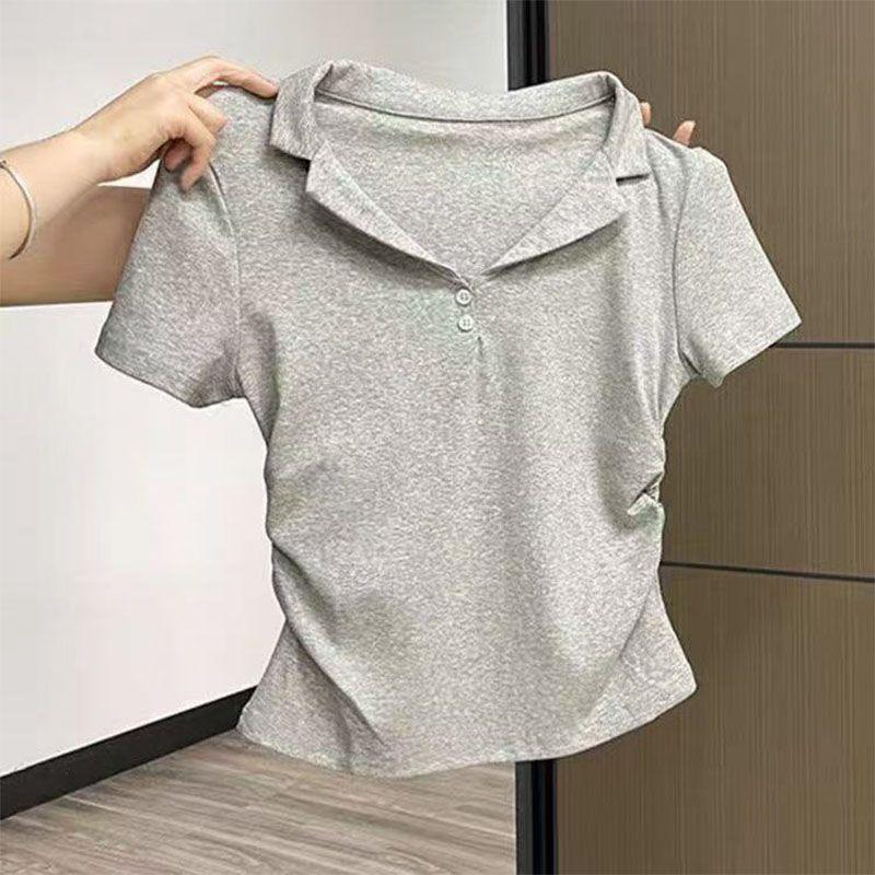 

Short-sleeved front shoulder t-shirt women s 2025 summer polo shirt new design v-neck slim-fitting waist-pinching thin short top XL сірий колір
