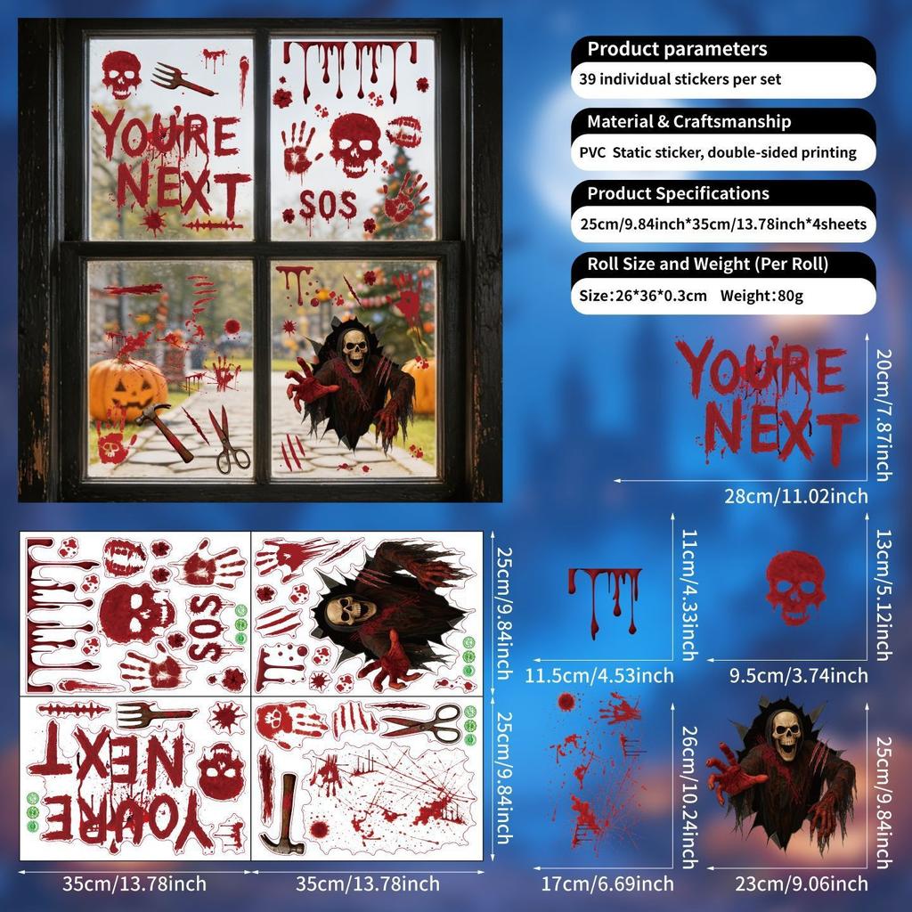 Halloween window sticker red hand black and white skull glass sticker transparent pvc glue-free static sticker decoration